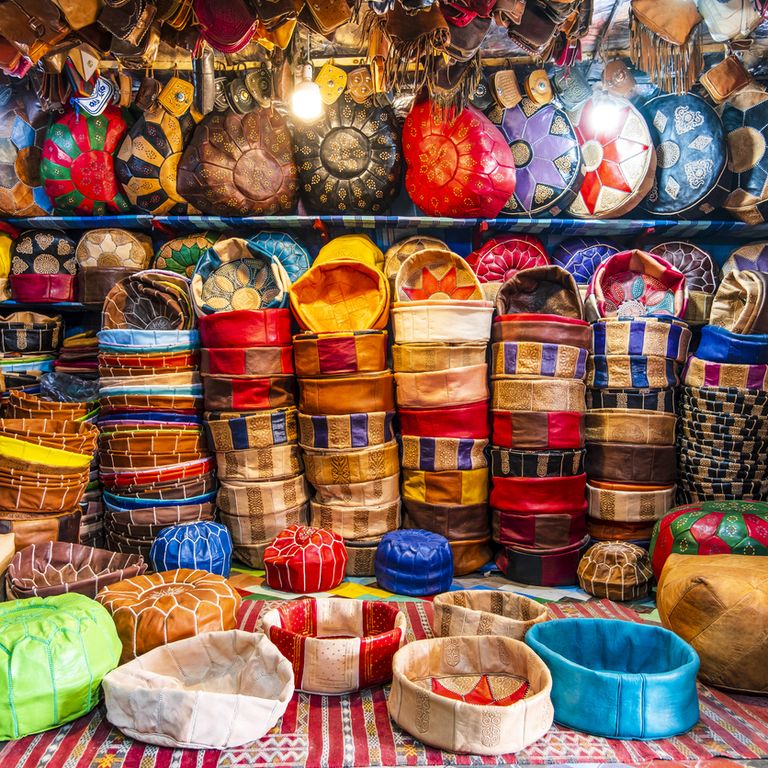Variety Of Leather Poufs Sold In Huge Shop Next To Tannery In Fes, Morocco